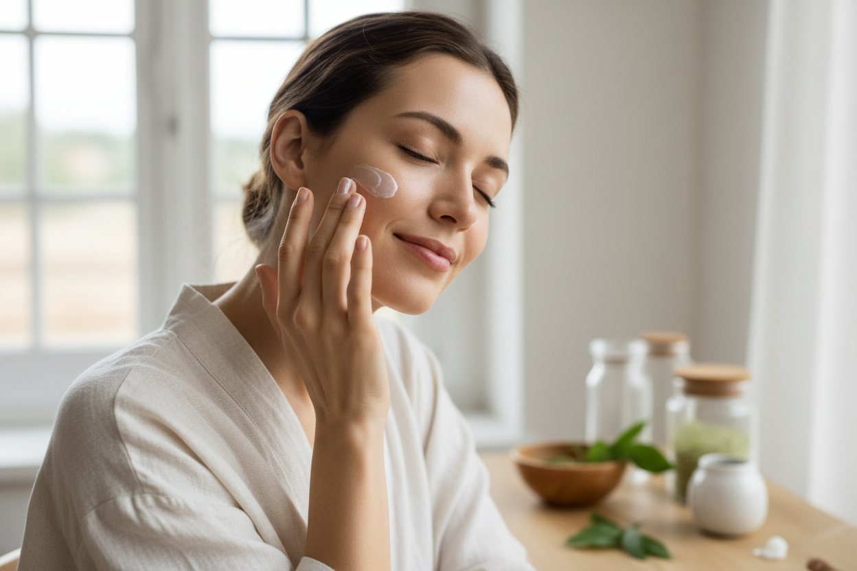 girl applying cream on her face